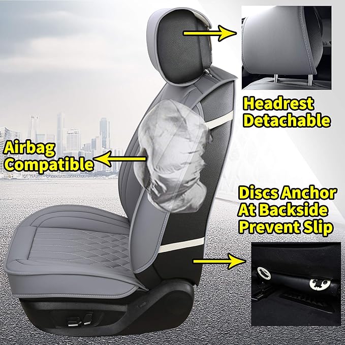 Aierxuan Car Seat Covers Full Set 5pcs with Waterproof Leather, Airbag Compatible Automotive Vehicle Cushion Cover Universal Fit for Most Cars (Grey)