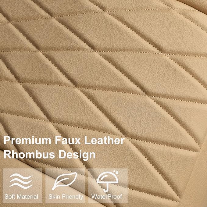 CAR PASS 2 Pack Leather Front Car Seat Covers, Bottom Seat Covers Full Wrapped with Storage Pocket, Anti-Slip Leather Seat Protectors,Waterproof Seat Cushion Universal Fit Sedan SUV Truck, Light Beige