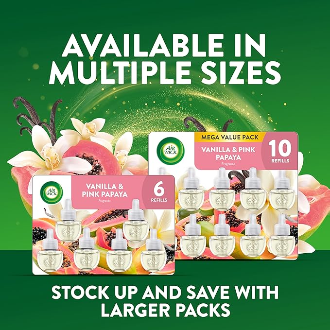 Air Wick Plug In Scented Oil Starter Kit, 2 Warmers + 6 Refills, Vanilla & Pink Papaya, Essential Oils, Air Freshener