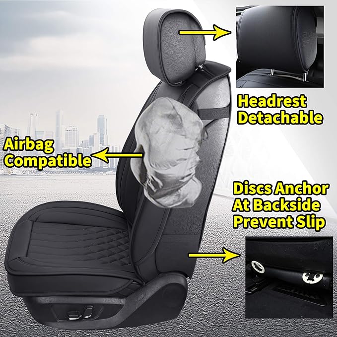 Aierxuan 2pcs Car Seat Covers Front Set with Waterproof Leather, Airbag Compatible Automotive Vehicle Cushion Cover Universal Fit for Most Cars (Black)