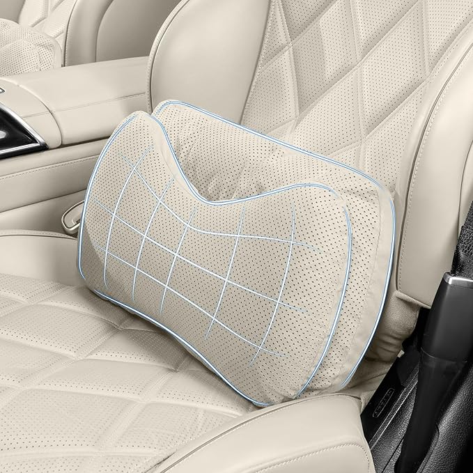 Car Lumbar Support Pillow, Suede Car Seat Back Support Pillow for Driving Lower Back Support Cushion for Pain Relief, Universal for Cars SUVs Sedan Home Office (Beige)