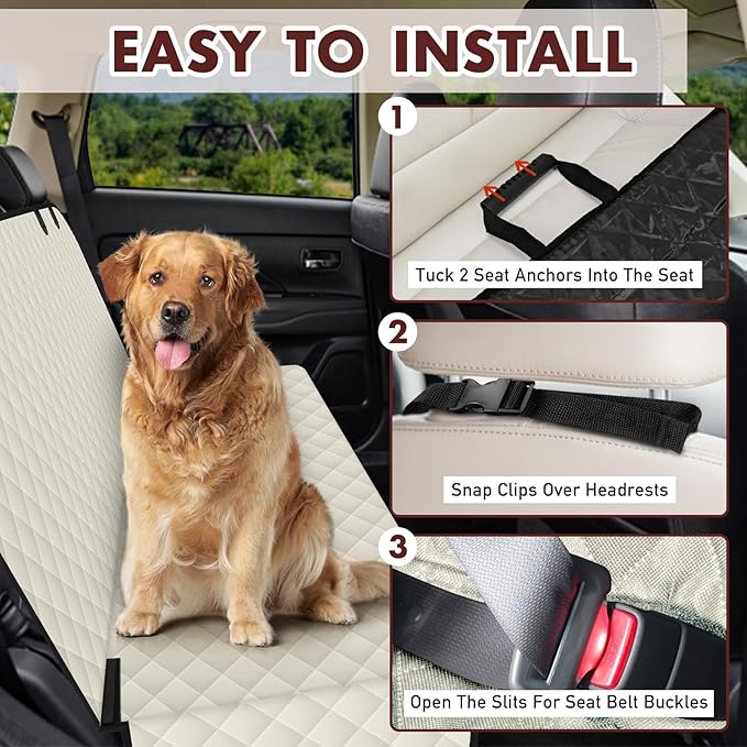 Backseat Cover for Dogs, Waterproof and Non-Slip Pet Bench Seat Covers, Car Seat Protector for Back Seat, Universal Size Rear Car Seat Cover Fits Cars, Trucks and SUVs, L-Beige&Black
