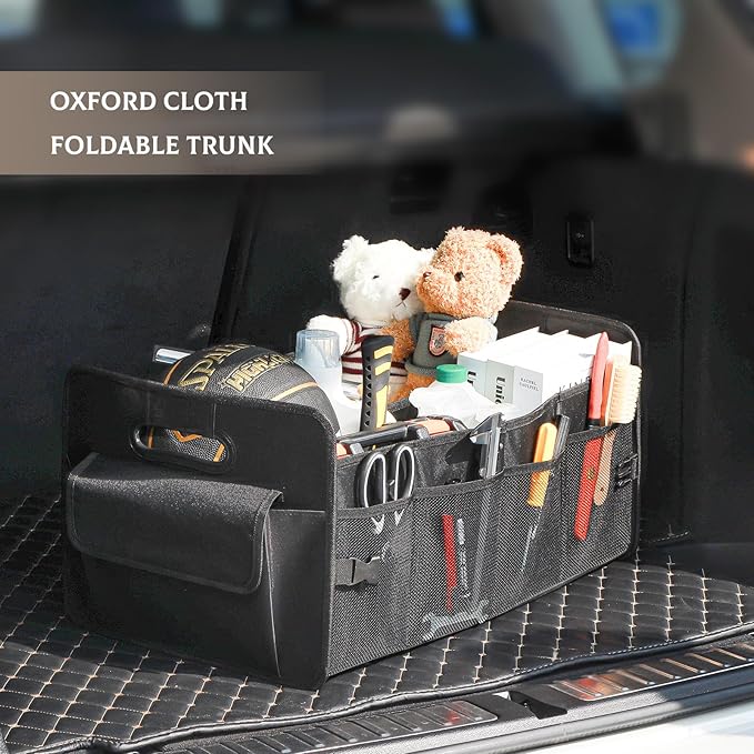 JiatuA Car Trunk Organizer, Car Organizers and Storage Collapsible Multi Compartment Container Box, Adjustable Car Accessories for SUV Sedan Truck, Large Size, Black