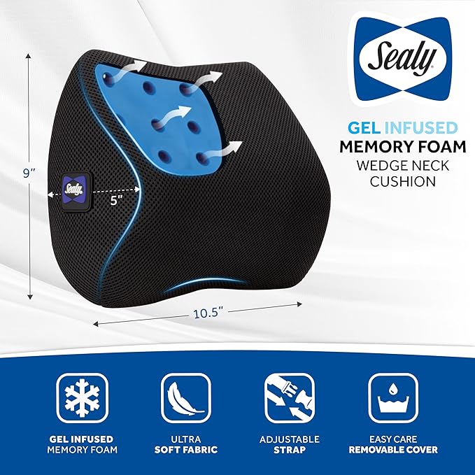 Sealy Ergonomic Car Neck Cushion – Memory Foam Neck Pillow for Car or Office Chair, Travel Neck Pillow,