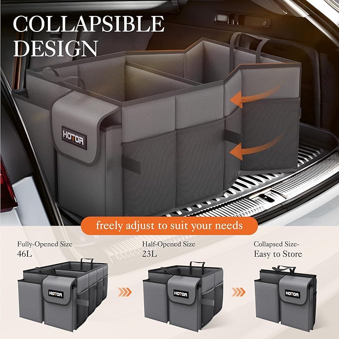 HOTOR Foldable Trunk Organizer - 2-Compartment 21.3"×12.6"×10.6" Grey SUV & Sedan Organizer for Accessories, Tools and Sundries