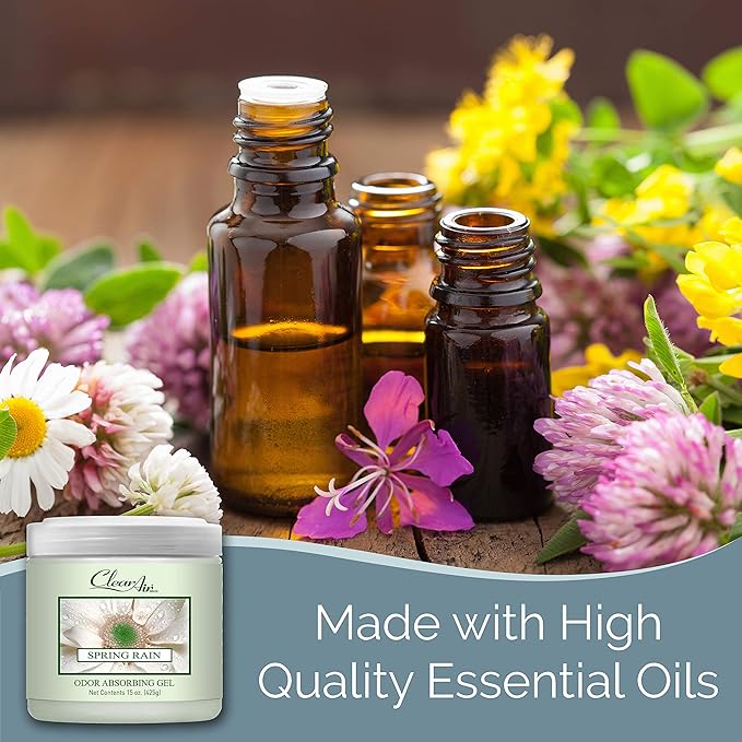 Clear Air 15oz Gel Odor Eliminator - Absorb & Remove Strong Odors from Pets, in Bathrooms, Basements, Garage, Cars, RVs & Boats - Eliminate Tough Odors with Essential Oils (Spring Rain, 2-Pack)