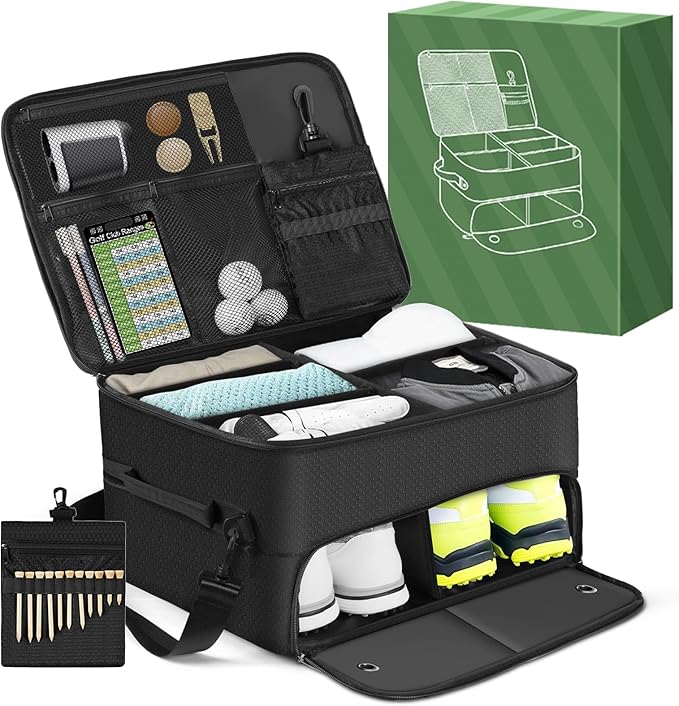 Golf Trunk Organizer for Car SUV with Shoe Compartment & Divider | 2-Layer Golf Storage Bag for Balls, Tees, Accessories | Waterproof Golf Locker Gift for Men, Dad, Golfers