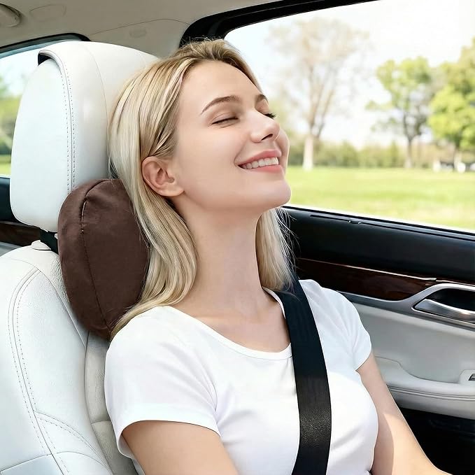 2PCS Car Pillow for Car Neck Pillow for Driving Seat Lumbar Support Soft Cushion with Extra Filling Accessories Back Support for Travel Nap and Trips Sleeping (Coffee, Head)