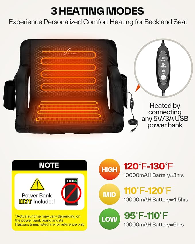 Sportneer Heated Stadium Seats with Back Support: 6 Adjustable Angles Extra Wide Bleacher Seat with Dual Heating Zones - 2.5" Padded Stadium Seats for Sports Outdoors(Power Bank Not Included)