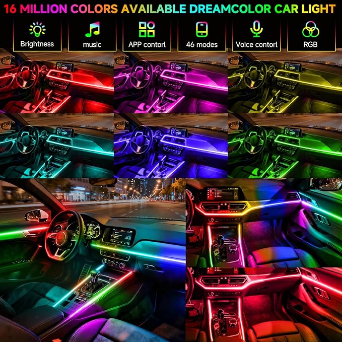 Interior Car LED Strip Lights, Acrylic LEDs Lights for Car with Dynamic Dreamcolor Chasing, Ambient Lighting Kits Music Sync Wireless APP and RF Remote Control (55.12inch*2)