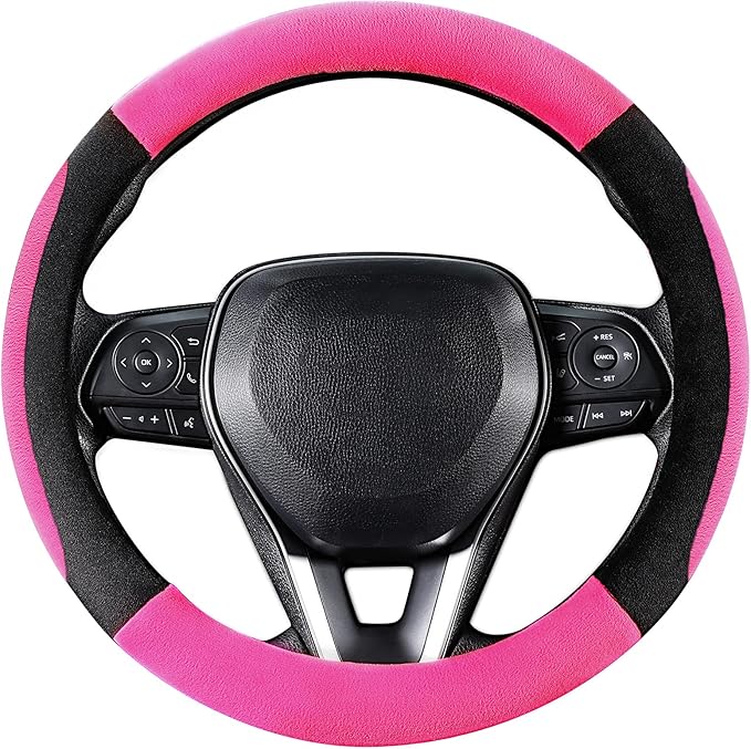 SEG Direct Steering Wheel Cover for Car, Standard Size 14.5-15 inch, Auto Interior Accessories, Plush Warm Velvet, Summer Winter, Pink