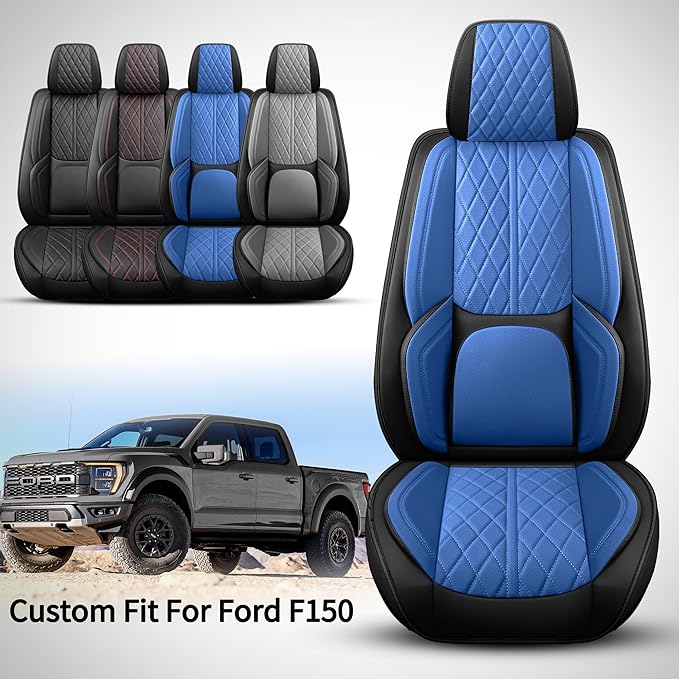 Car Seat Cover Custom Fit for Ford F150 2009-2026 Faux Leather Seat Cover Set Compatible with Regular Cab Super Cab Super Crew Pickup Truck Cushions (Black & Blue, Front Seat)