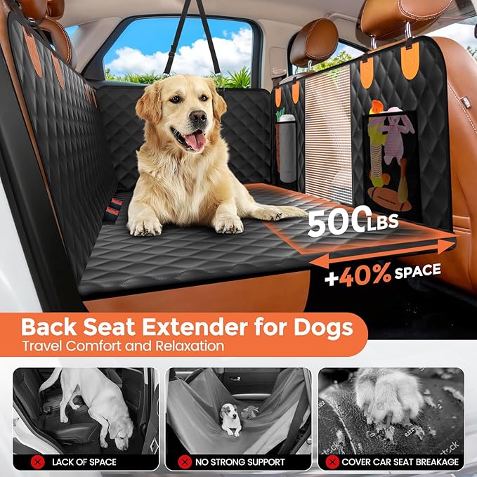 Dog Seat Cover for Back Seat Hard Bottom,Holds 500 lbs,Waterproof Dog Car Seat Cover for Back Seat Extender,Scratch-Proof Pet Hammock for Car,SUV,Truck - with Mesh Window & Storage,BlackOR