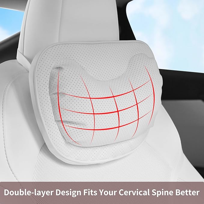 Car Neck Pillow [No More Pressure] Soft Comfortable Premium Leather Headrest with Adjustable Strap – Ergonomic Support for Driving, Office & Gaming, White, 1 Pack