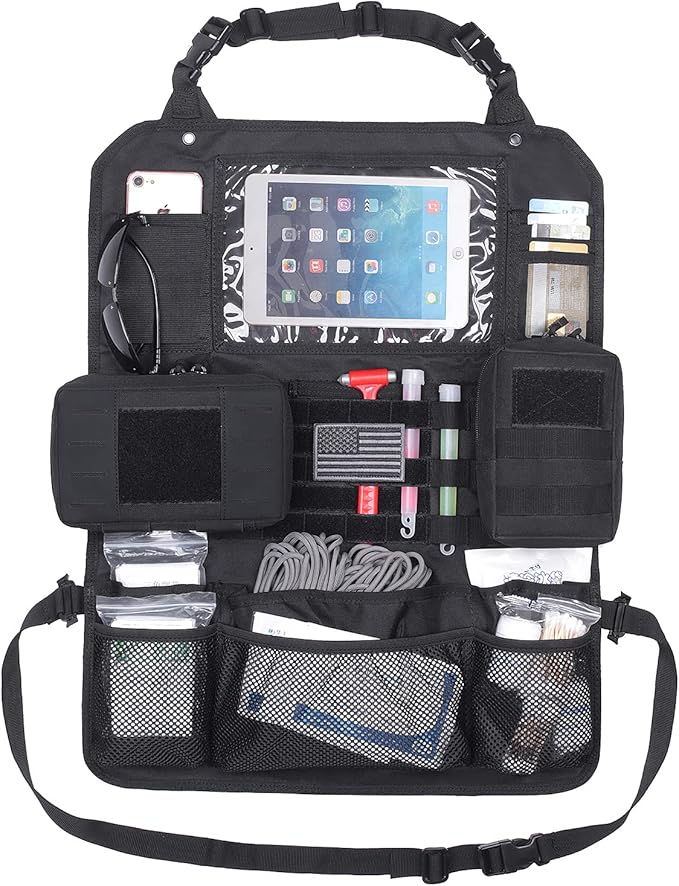 Tactical Car Seat Back Organizer Upgraded Tactical Molle Seatback Cover Protector Universal Fit Vehicles Truck MPV Pickup (Black)