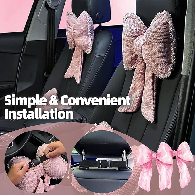 2-Pack Cute Bow Car Headrest Pillow Unique French-Inspired Bouclé Fabric Neck Support Cushion for Women Fits Most Cars (Pink)