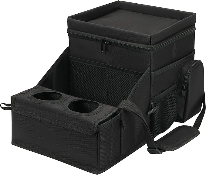 Car Seat Organizer, Backseat Car Organizer with Cup Holder Tray and Storages for Kids and Adults, Portable Travel Cooler for Car for Front or Back Seat Passenger Organizer Ccompartment (Black)