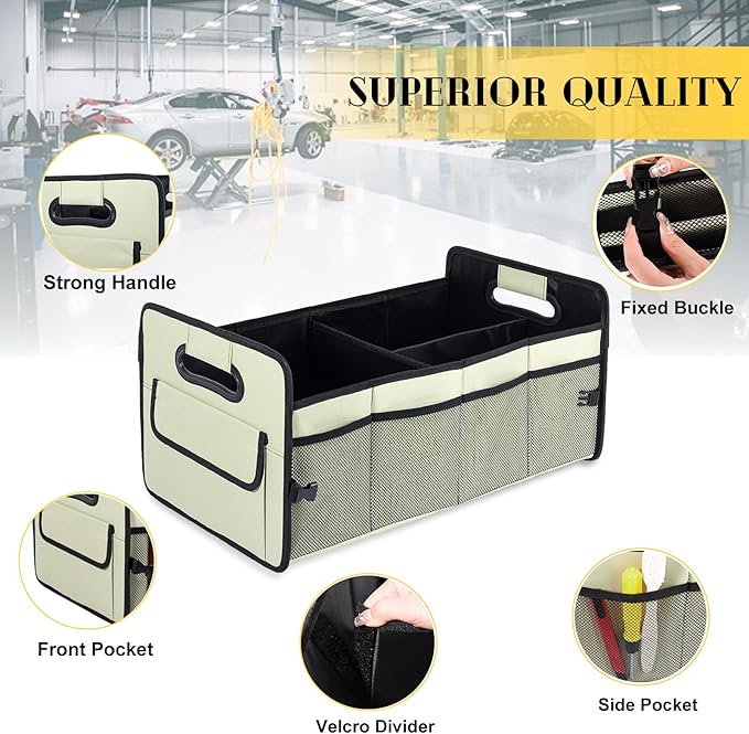 JiatuA Car Trunk Organizer, Car Organizers and Storage Collapsible Multi Compartment Container Box, Adjustable Car Accessories for SUV Sedan Truck, Standard Size, Light Green