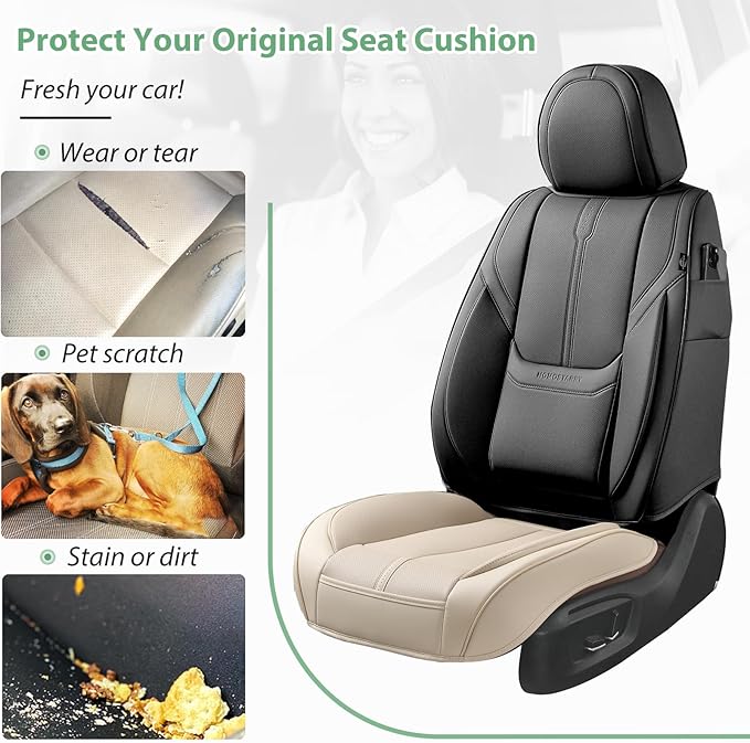 2 Pack Leather Front Car Seat Cover Bottom Only, Anti-slip Padded Seat Cushion, Full Wrap Seat Protector with Storage Function Universal Fit for Most Cars, SUV, Pick-up Trucks (Light Beige)