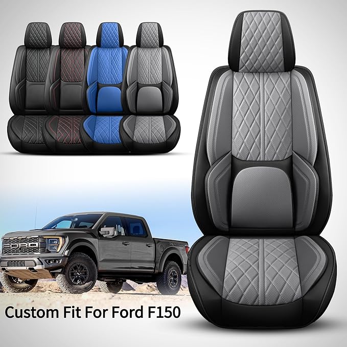 Car Seat Cover Custom Fit for Ford F150 2009-2026 Faux Leather Seat Cover Set Compatible with Regular Cab Super Cab Super Crew Pickup Truck Cushions (Black & Grey, Front Seat)