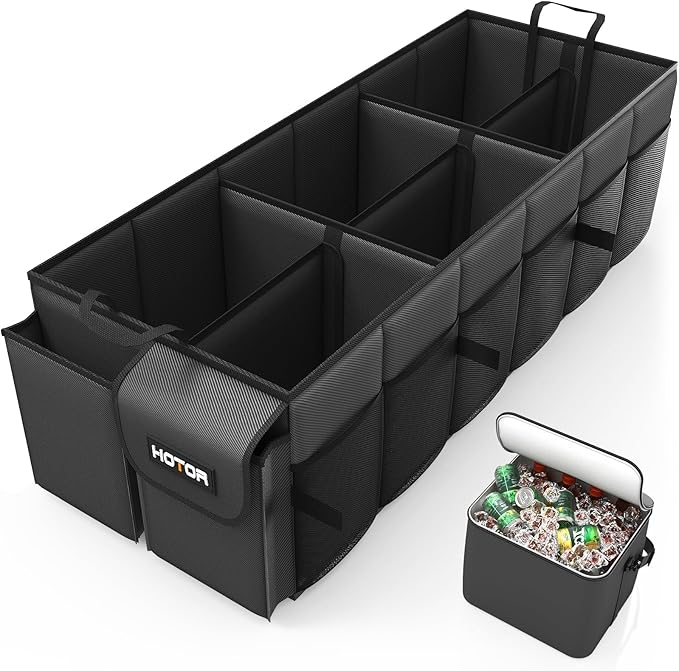 HOTOR Trunk Organizer for Car & SUV, Sturdy Car Organizer with Removable Cooler, Large Foldable Trunk Organizer with Cooler, 6 Compartments, Adjustable Straps, Black, 34.8”×15.9“×11.6”