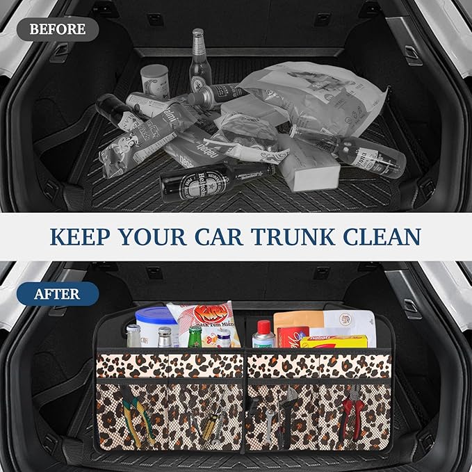 Femuar Car Trunk Organizer, Trunk Storage Organizer with Large Capacity Waterproof Collapsible Trunk Organizer for Car Suv/Jeep/Sedan (Leopard Print, Standard)