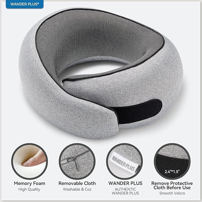 WANDER PLUS® 100% Pure Memory Foam Travel Neck Pillow Airplane Neck Support Ergonomic Design Best for Sleeping Plane Car Train Office Flight for Adults Max Sky Blue