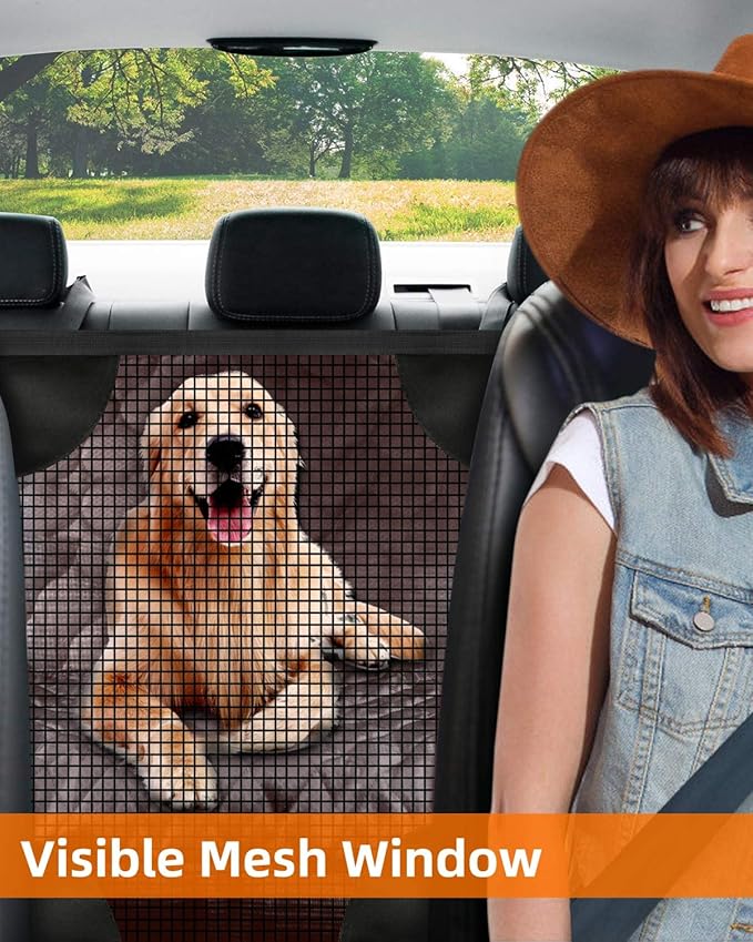 PETICON Dog Car Seat Cover with Mesh Window, 100% Waterproof Pet Seat Cover for Back Seat, Scratchproof Dog Hammock for Cars, Trucks, SUVs, Jeeps, Brown