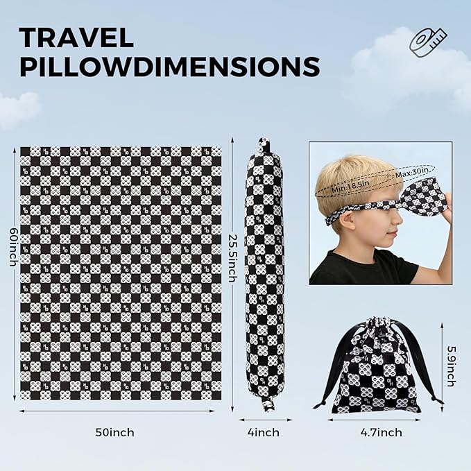 Travel Pillow with Detachable Flannel Blanket & Eye Mask – Plush Velvet Neck Support Pillow for Airplane,Car,Office Rest,Coordinated Digital Print Set (Black Dog Claw Grid, 50in * 60 in)