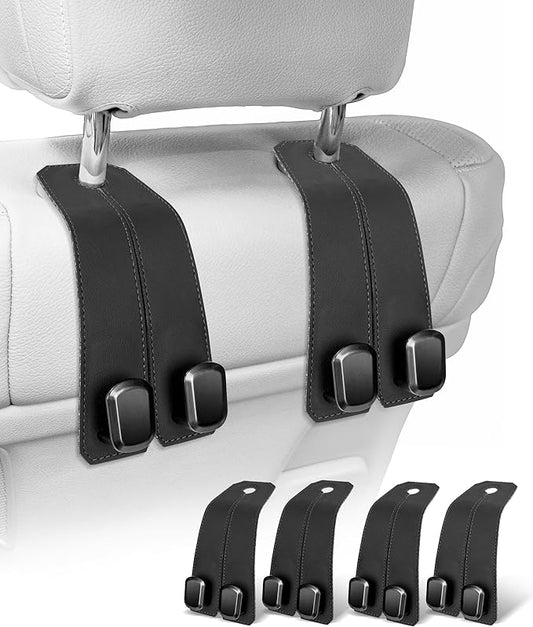 Car Hooks for Headrest, 4PCS Car Purse Hooks Luxurious Leather 100% Metal Car Hangers for Seat Multifunctional Car Bag Hook Car Seat Back Storage Hook Accessories (Black)