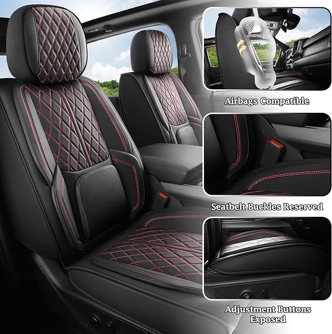 Car Seat Cover Custom Fit for Ford F150 2009-2026 Faux Leather Seat Cover Set Compatible with Regular Cab Super Cab Super Crew Pickup Truck Cushions (Black Redline, Full Set)