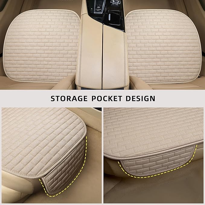 Beige Back Seat Cover, Rear Car Seat Cover for Cars Truck SUV,Seat Covers with Storage Pocket,Bottom Auto Seat Cushion Pad Mat for Most Vehicles-Beige,1 Pcs
