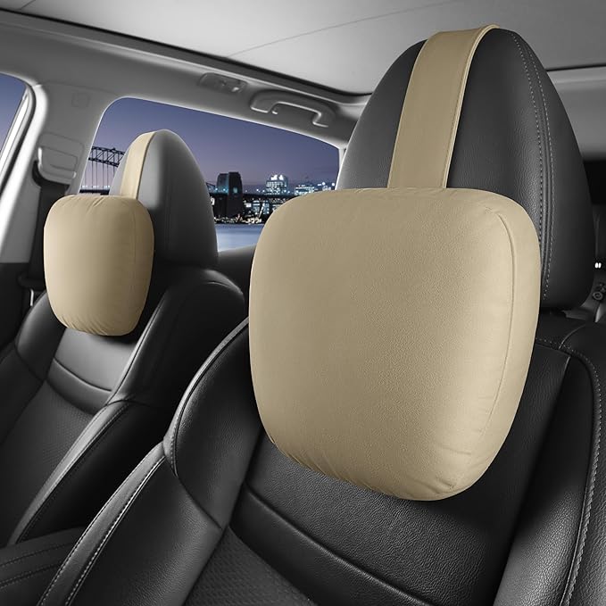 2pcs Car Neck Pillow for headrests,Support Drive Seats Head Cushion Pillows,Microfiber Velvet,Plant-Based Polyester,Thickness & Height Adjustable,11.8x7.5,Inner Liner fillable(Beige)