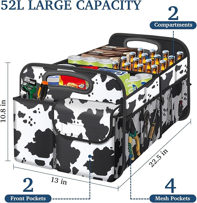 Femuar Car Trunk Organizer, Cow Print, Vintage Style, 52L Capacity, 4 Compartments, Waterproof, Non-Slip, Collapsible, 22.5"D x 18"W x 10.8"H