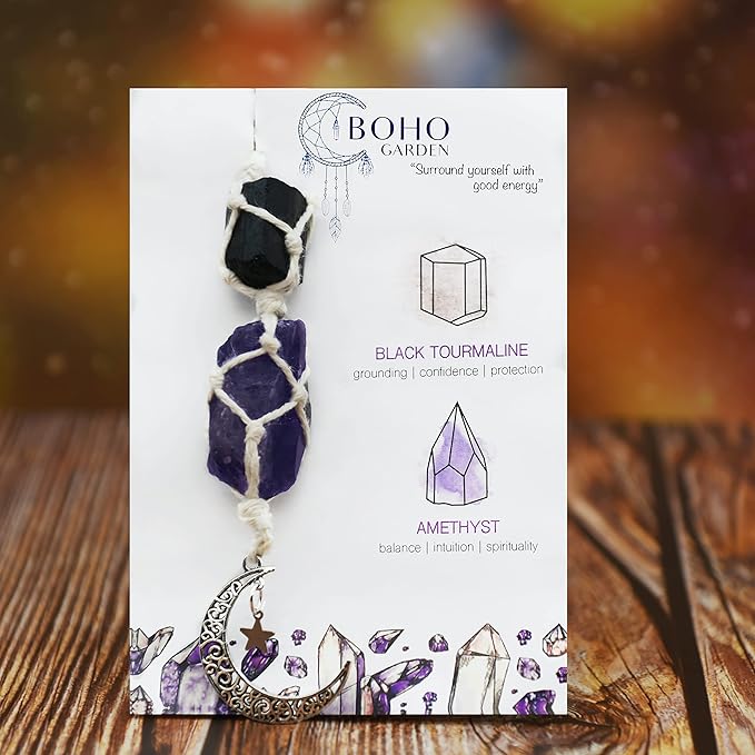 BOHO GARDEN Hanging Car Charm - Black Tourmaline, Amethyst - Dangling Moon, Healing Crystal Accessories, Rearview Mirror Decorations - Grounding, Confidence, Protection, Balance, Energy, Spirituality