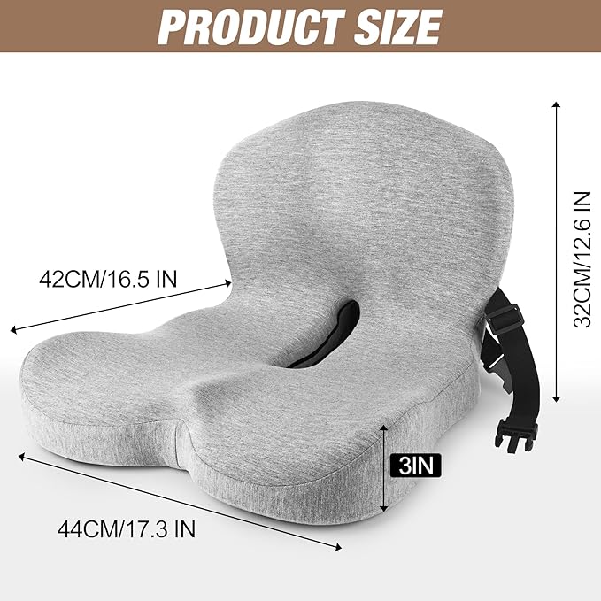 MYFAMIREA Truck Seat Cushion, Memory Foam Trucker Seat Cushion for Truck Driver Long Sitting with Adjustable Strap, Back Support and Pain Relief for Trucker Driving Office Chair and Pain, Light Gray