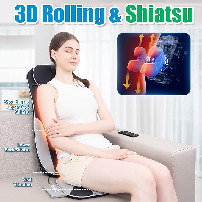 Shiatsu Back Massager with Heat, Massager Chair Pad for Pain Relief Deep Tissue with Smart Timer, Kneading Seat Cushion Vibration for Office, Home, and Travel Use