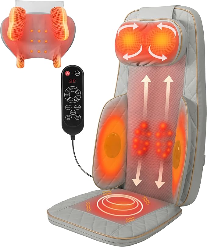 Shiatsu Neck and Back Massager with Heat - Full Back Walking Massager with Deep Kneading & Seat Cushion Vibration for Chair and Home, Pain Relief, Dual-Neck Detachable and Height Adjustment