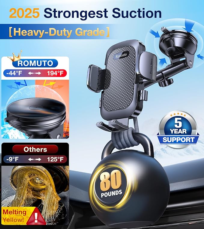 Romuto Car Phone Holder Mount【Super Suction】 Cell Phone Mount Phone Holders for Your Car Accessories for Women Men Dashboard/Windshield/Vent/Wall Shower Mounts Truck Stand for iPhone Samsung