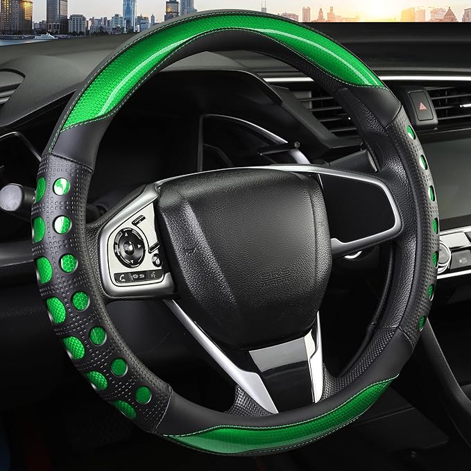 PU Leather Car Steering Wheel Cover with Anti-Slip Grip, for Women and Men, Universal Fit for 14.5-15 Inch Cars, Trucks, SUVs (Green (Round), Medium(Standard) Size[14 1/2''-15''])