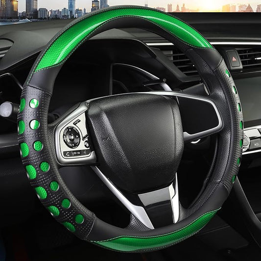 PU Leather Car Steering Wheel Cover with Anti-Slip Grip, for Women and Men, Universal Fit for 14.5-15 Inch Cars, Trucks, SUVs (Green (Round), Medium(Standard) Size[14 1/2''-15''])
