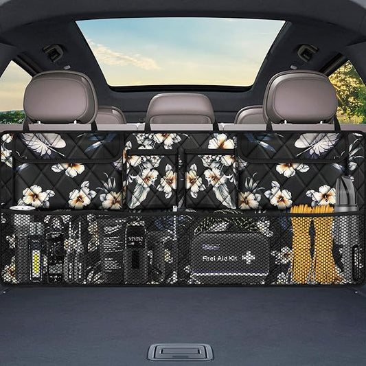 Femuar Car Trunk Organizer, Large Capacity Backseat Trunk Organizer (42"*18"), Collapsible Car Storage Bag with 8 Pockets - Hibiscus