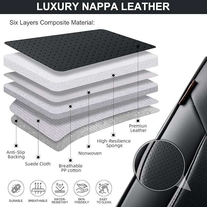 Black Car Seat Covers Full Set, Universal Front and Rear Seat Covers for Cars, Waterproof Leather Auto Seat Protectors Airbag Compatible, Car Seat Cushions Fit for Most Sedans SUV Pick-up Truck