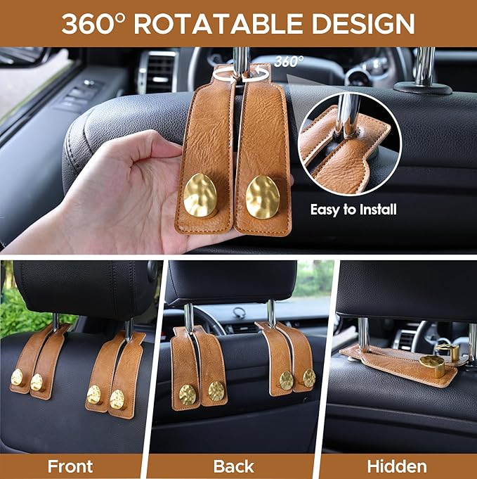 4 PCS Leather Car Seat Hooks for Headrest, Vehicle Hanger Storage Organizer Universal for Handbag Purse, Car Accessories Gift (Brown-Gold-4 PCS)