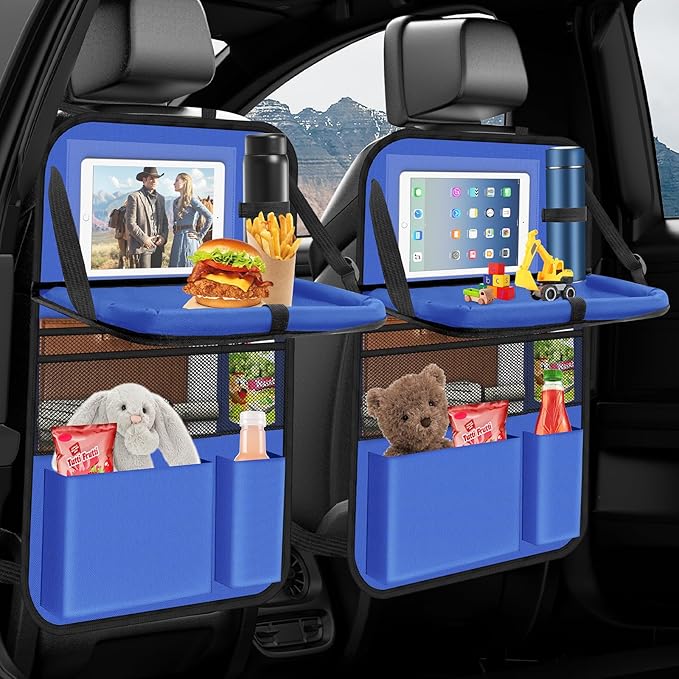 Car Seat Organizer with Table Tray, 2Pack Backseat Car Organizer with 9 Storage Pockets for Bottle Snack Books on Travel Road Trip Essentials for Kid Adult(Blue)