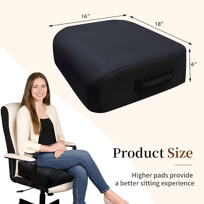 6" Extra Thick Memory Foam Office Chair Cushion – 2-Layer Booster Seat for Back & Tailbone Pain Relief, 18 x 16 x 6in Non-Slip Cushion with Carry Handle for Wheelchair, Car, and Airplane