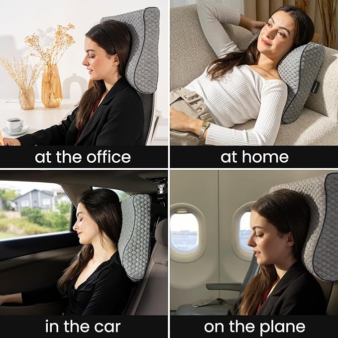 Memory Foam Travel Pillow with Washable Cover & Carry Bag – Compact, Soft & Breathable Neck Pillow for Airplane, Camping & Car (Gray- Without Spare Cover, 13.8x11.8x3.9/3.1 inches)