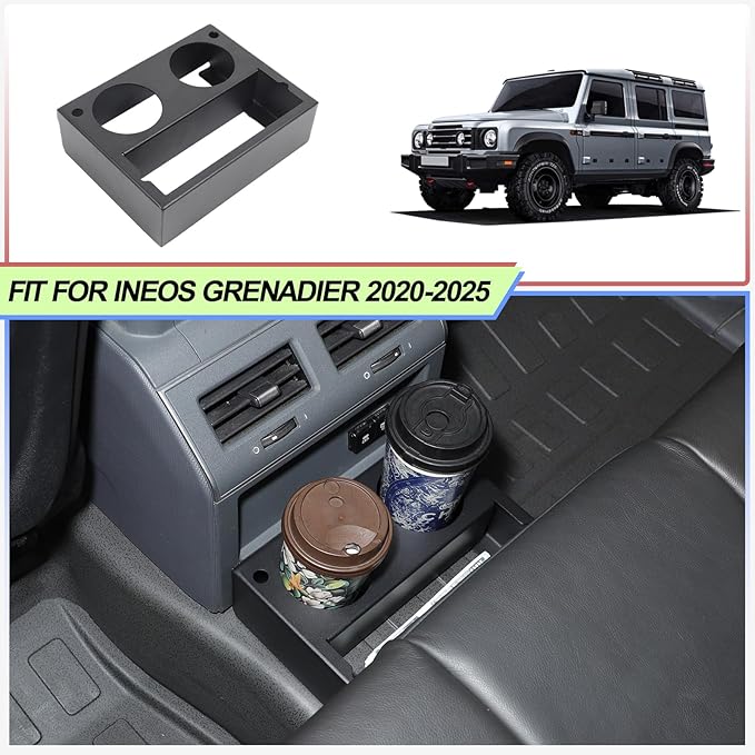 Backseat Floor Console Mounted Drink Holder for INEOS Grenadier 2020-2025 Accessories, Rear Seat Footwell Cup Holder Expander Organizer Tray, Backseat Floor Console Beverage Storage, Aluminum Alloy
