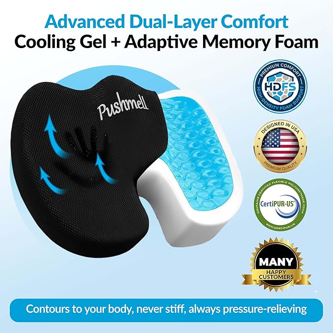 Premium Memory Foam Gel Seat Cushion for Tailbone, Coccyx, Back & Sciatica Pain Relief – Fits 17.5” x 14” Seats, Ergonomic Office Chair Cushions for Desk, Home, Car – Includes Bonus Extra Cover