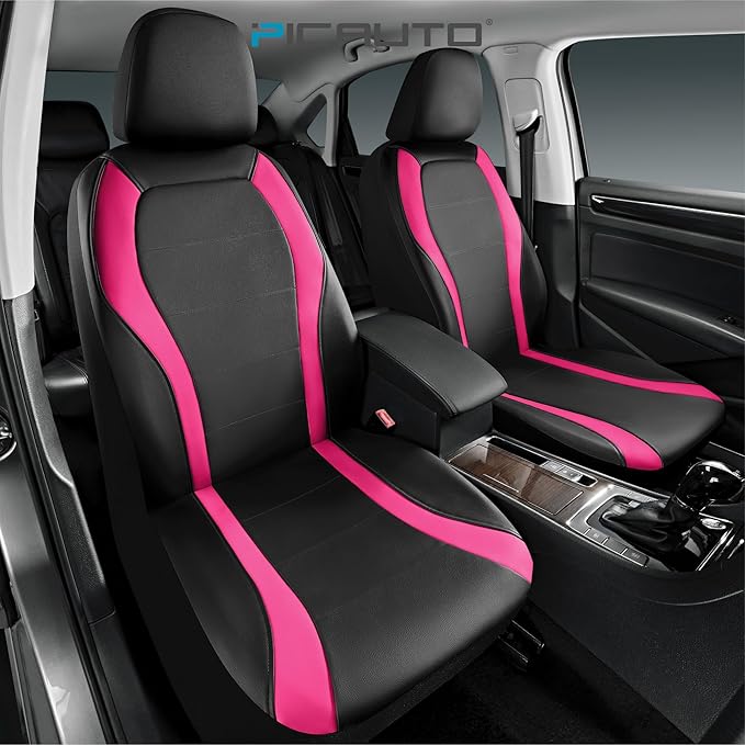 PIC AUTO Leather Car Seat Covers, Premium Automotive Waterproof Front & Rear Full Set Bucket Car Seat Protectors, Black and HotPink PVC Patchwork, Fits for Cars, Trucks, Van, SUV, Airbag Compatible